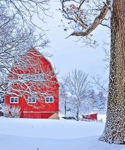 Red Barn Snow paint by number