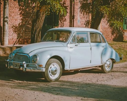 Classic Blue Sedan Near Green Leaf Trees At Daytime paint by numbers