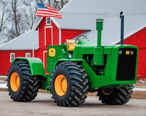 Green Tractor Near A Red House paint by numbers