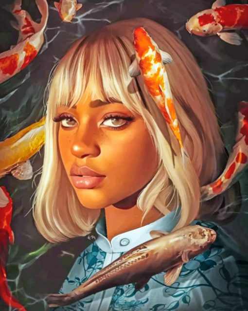Black Girl And Koi Fishes Paint by numbers