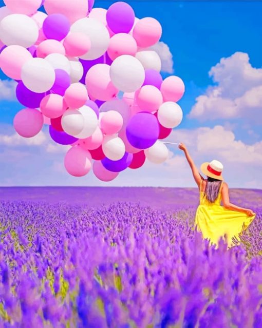 Girl Holding Balloons In Lavender Field paint by numbers