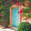 Aesthetic Cyan Door And Bougainvillea Paint by numbers