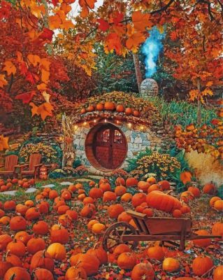 Hobbit Hole And Pumpkins Paint by numbers