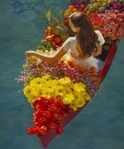 Woman On A Boat Full Of Flowers And Fruits Paint by numbers