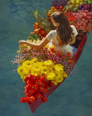 Woman On A Boat Full Of Flowers And Fruits Paint by numbers