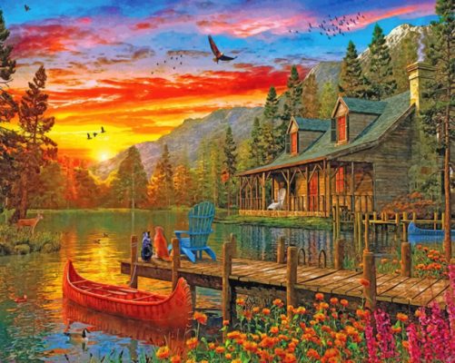 cabin sunset evening paint by number