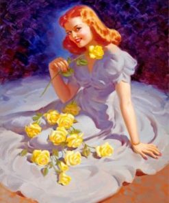 Woman And Yellow Roses Paint by number