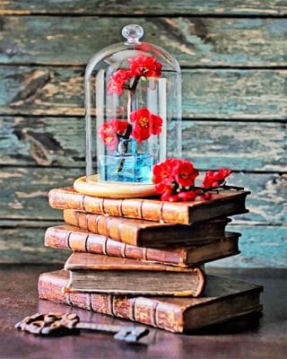 Vintage Books And Red Flowers Paint by numbers
