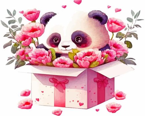 Cute Panda In A Floral Box Paint By Numbers
