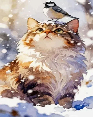 Cat And Bird Snow Paint By Numbers 