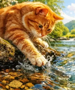 Cat Catching A Fish Paint By Numbers