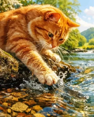 Cat Catching A Fish Paint By Numbers 