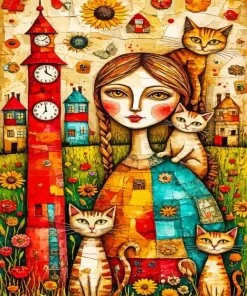 Whimsical Lady And Cats Paint By Numbers